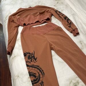 Women's Brown Dragon Print Pants & Jumpsuit